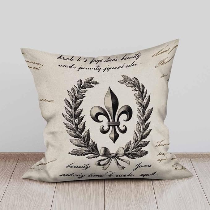 Cushion Covers Retro Letter Paper Fleur De Lis Vintage Style Square Soft,Pillow Cases Decor for Couch Bedroom Sofa Living Pack of 2 Size 18X18 Inch