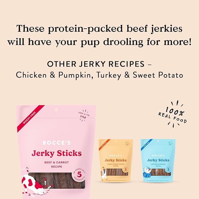 Bocce's Bakery Jerky Stick Dog Treats, Wheat-Free, Made with Limited-Ingredients, Baked in The USA with No Added Salt or Sugar, Natural & High-Protein, Beef & Carrot Recipe, 4 oz