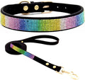 Cute Dazzling Sparkling Elegant Fancy Soft Suede Leather Bling Rhinestone Crystal Jeweled Pet Cat Dog Puppy Collar Dog Leash Combo Set (XXS, Black-3)