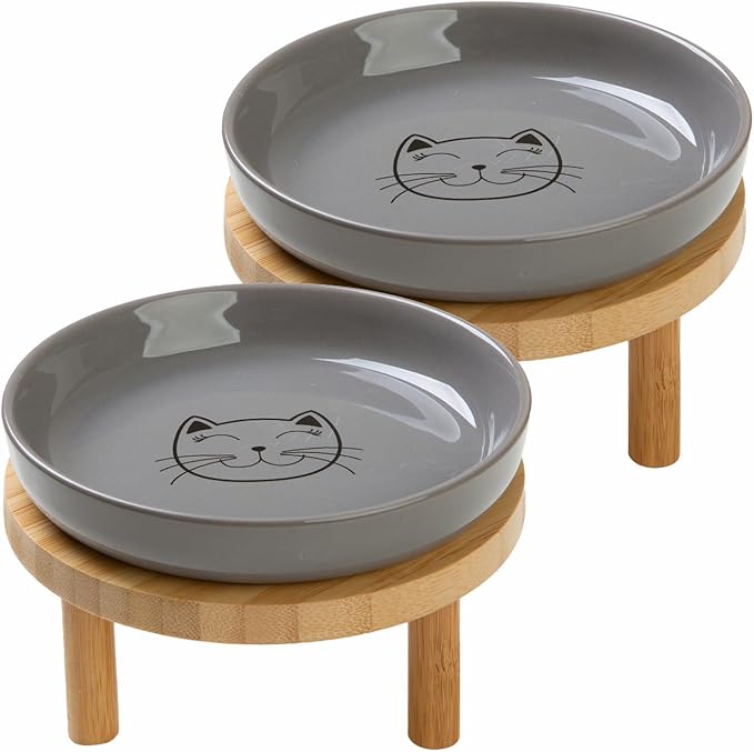 Lusifaco Shallow Elevated Cat Bowls,5.9 Inch Wide Raised Ceramic Cat Dishes with Bamboo Stand, Whisker Friendly Pet Water or Food Plates Feeding Station for Indoor Cats, Kitten(Grey,Set of 2)
