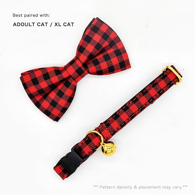 Red Black Buffalo Plaid Cat Breakaway Collar Bow Tie with Bell, Wedding/Birthday Cat Accessories