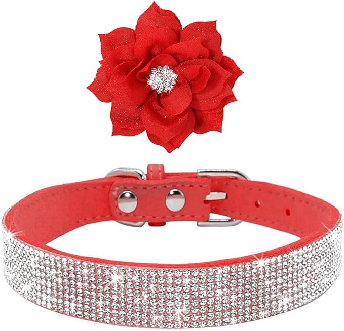 Cute Dazzling Sparkling Elegant Fancy Soft Suede Leather Bling Rhinestone Crystal Jeweled Pet Cat Dog Puppy Collar Dog Leash Combo Set (L(Neck 15-18"), Red-6)