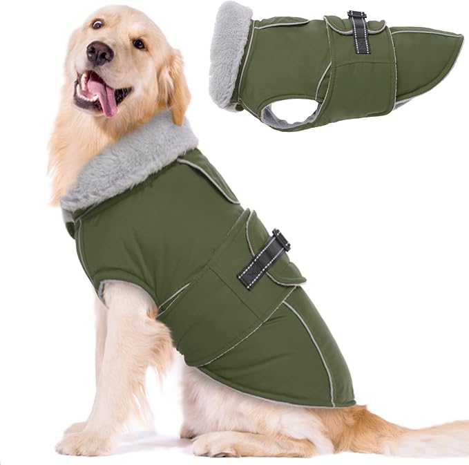 Lelepet Warm Dog Coat Waterproof Dog Jacket for Extra Large Dogs Reflective Fleece Vest with Adjustable Buckle Hook & Loop Windproof Cold Weather Coats for Small Medium Large Dogs, Army Green, XXXL