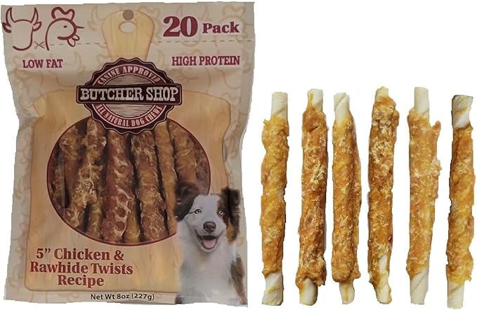 Butcher Shop 5” Chicken & Rawhide Twists Dog Treats (2 Pack - 8 oz per Pack)
