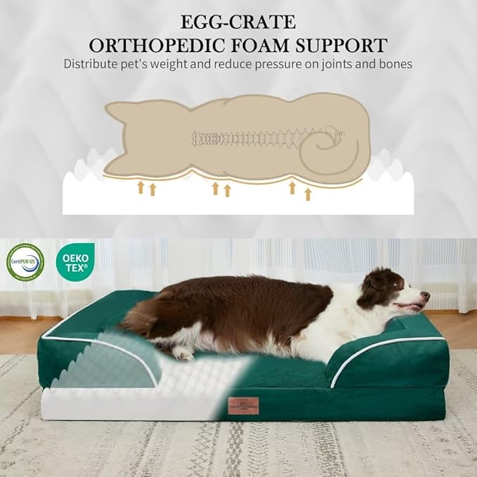 Comfort Expression Orthopedic Dog Bed for Extra Large Dogs 53x42 Inch, Waterproof Supportive Egg Crate Foam XXL Pet Bed with Removable Bolster, Dog Couch with Washable Cover & Non-Slip Bottom, Emerald