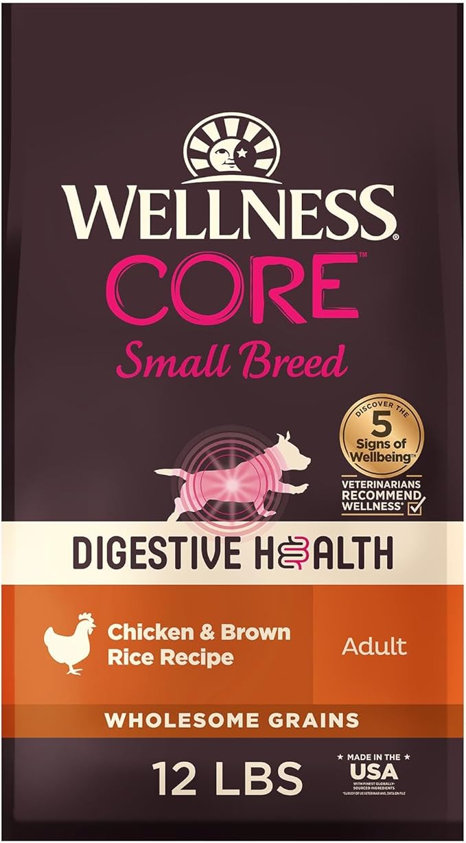 Wellness CORE Digestive Health Dry Dog Food, Small Breed, Wholesome Grains, Natural, Recipe for Dogs with Sensitive Stomachs, Chicken, (12-Pound Bag)