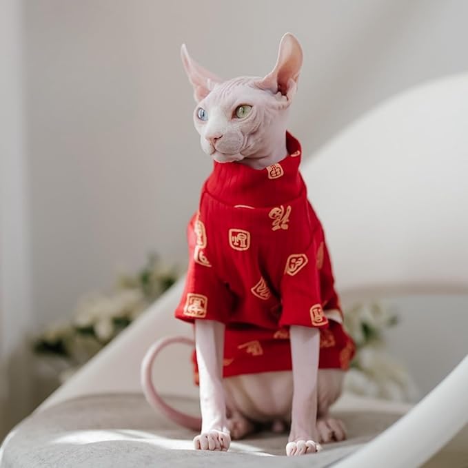 Traditional Culture Sphynx Hairless Cat Cotton T-Shirts Cat Clothes Pet Sweater Cat Vest Pet Clothes Kitten Shirts Cats & Small Dogs Apparel (Fu Means Lucky and Happy, XXL (13-15 lbs))
