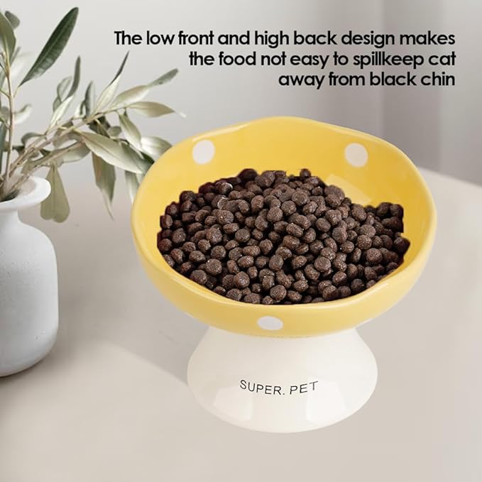 Ceramic Elevated Cat Bowls, Tilted Raised Pet Dish Anti Vomit Kitten Bowl for Indoor Cats, Whisker Friendly Pet Food and Water Bowl for Kitten, Cat, Puppies, Dishwasher Safe (Yellow)