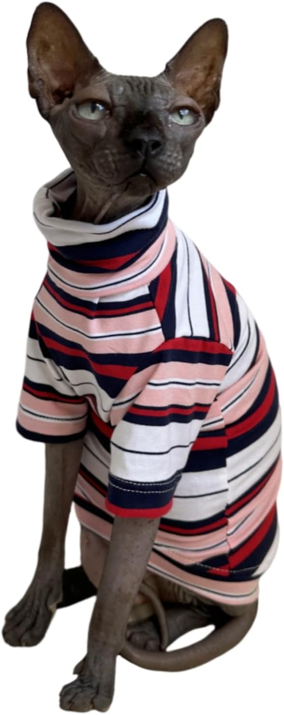 Vintage Stripes Sphynx Hairless Cats Shirt Cotton Cat Turtleneck Pet Clothes Kitten T-Shirts with Sleeves for Sphynx Cornish Rex, Devon Rex, Peterbald (Gentlemen, Medium (Pack of 1))