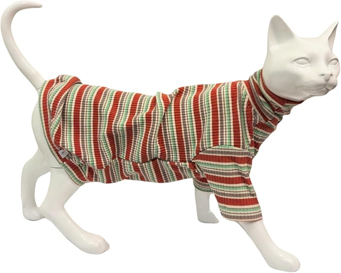 Turtle Neck Vintage Stripes Sphynx Hairless Cat Cotton T-Shirts Pet Clothes Vest Kitten Shirts Sleeveless, Cats & Small Dogs Apparel (Autumn, M (5-6.5 lbs))