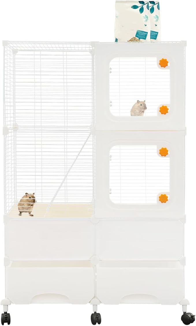 Small Animal Cage, Guinea Pig Cages with Rolling, Durable Front Doors, Chinchilla Cage with Scoop for Rat, Hamster, Guinea Pig, Squirrel (White, 45.3in)