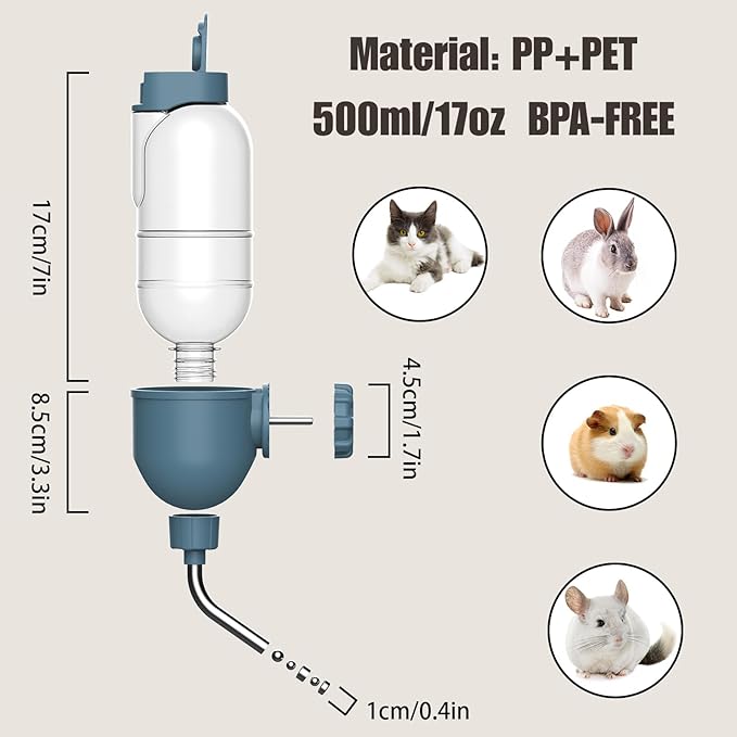 Automatic Pet Food Water Dispenser, Auto Gravity Pet Feeder Water Bottle Set for Crate Cage for Puppy Cat Rabbit Guinea Pigs Chinchilla Ferret Hedgehog (Blue)