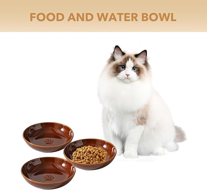 Havniva Ceramic Wide Whisker Friendly Cat Dishes, Set of 3 Ceramic Cat Bowls with Paw Print, Anti-Slip Indoor Kitten Feeding Food& Water Dish to Prevent Whisker Fatigue(3 Pcs, Caramel Brown)