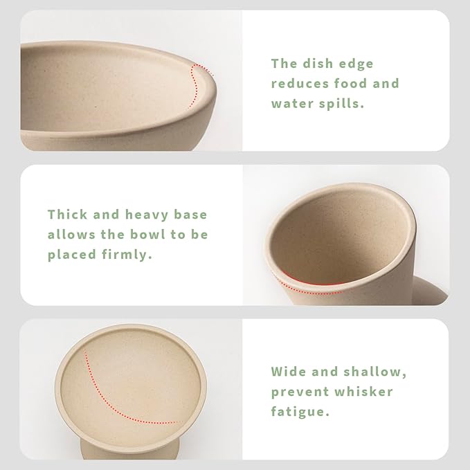 CEEFU Extra Wide Elevated Ceramic Cat Water Bowl - 6.2" Deeper Dish for Whisker Fatigue Relief, 5" Height for Easy Feeding, Lead & Cadmium Free, Durable Raised Cat Bowls, Pottery Clay (Not Glazed)