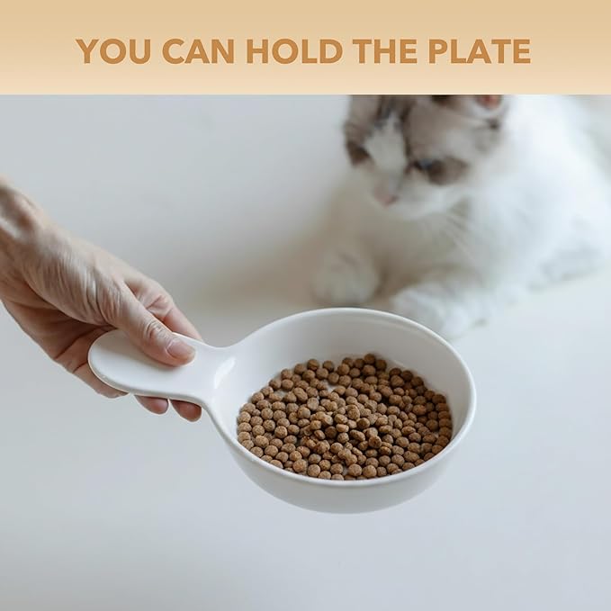 Havniva Ceramic Wide Whisker Friendly Cat Dishes, Set of 3 Ceramic Cat Bowls with Handle, Anti-Slip Indoor Kitten Feeding Food& Water Dish to Prevent Whisker Fatigue(3 Pcs, White)