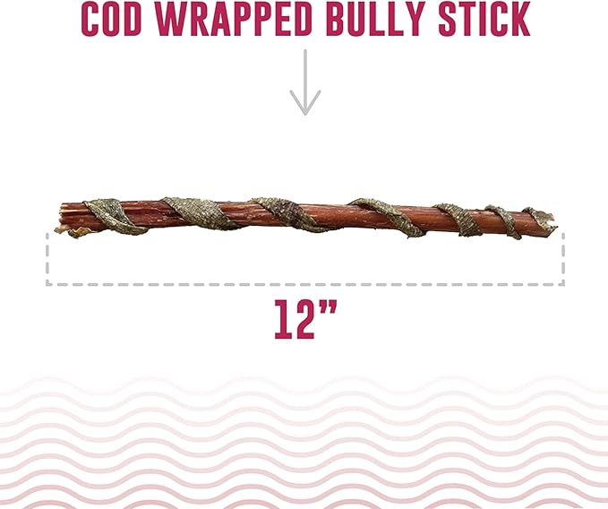 Icelandic+ Fish Sticks - Bully Stick Wrapped in Cod Skin - 3 Pack, 12" - Dog Treats, 2 Ingredient Chews, Hand-Wrapped Wild-Caught Fish, Pet Snacks