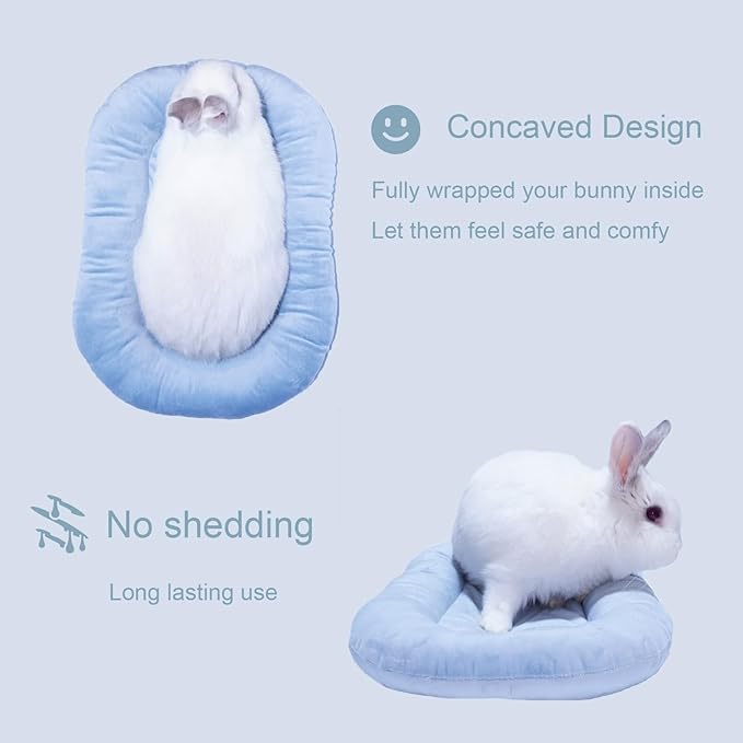 15.7’’×12.2’’ Cozy Bunny Bed for Rabbits Indoor, Soft Concave Oval Beds for Small Animal, Washable Plush Mat for Bunnies, Guinea Pigs,Rabbit,Blue