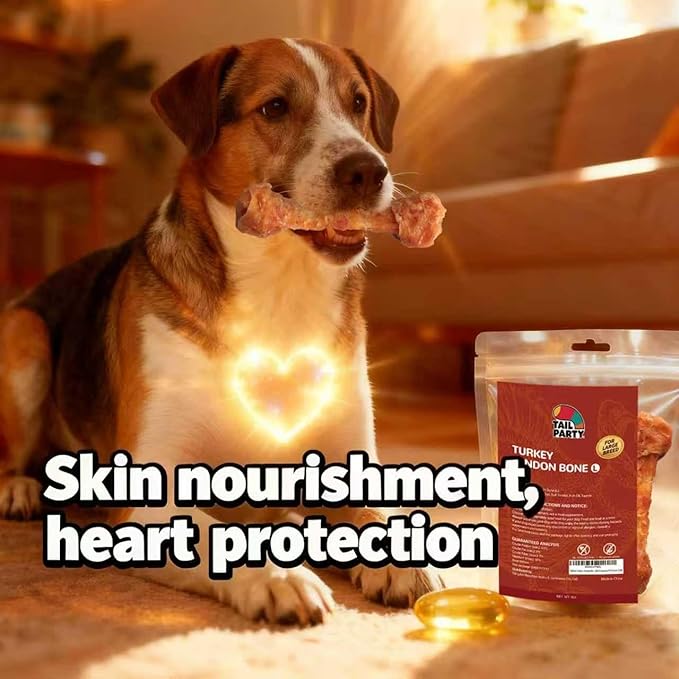 TailParty Turkey Tendons for Dogs with Fish Oil & Taurine: All Natural Dental Chews & Training Treats for Large Dogs, Long Lasting Snack for Health-Conscious Pet Owners(Bone, 1 lb)