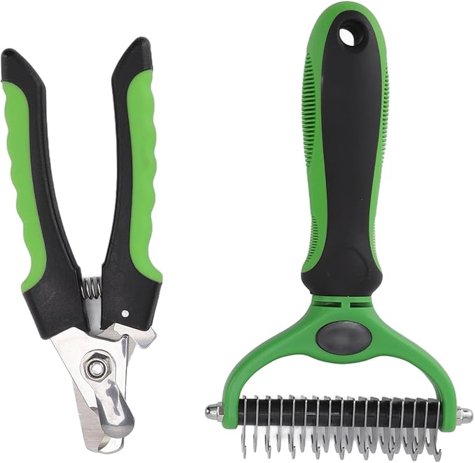 Undercoat Rake and Nail Clipper Grooming Kit, Double Sided Deshedding Brush for Dog Cat Rabbit, Ergonomic Handle, Stainless Steel Material, Safe Rounded Edges