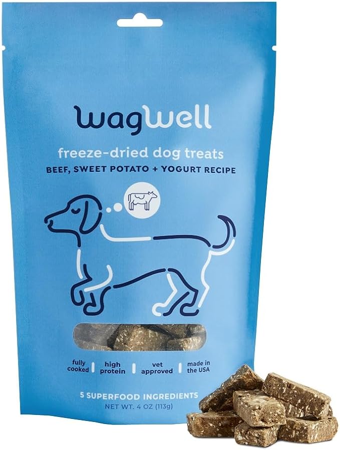 WagWell Freeze Dried Dog Treats, Beef + Yogurt + Sweet Potato Flavor | Training Treats, Food Topper, Healthy Snack for Dogs | Human Grade, Grain Free, High Protein | Made in USA | 4 oz Bag, 1 Pack