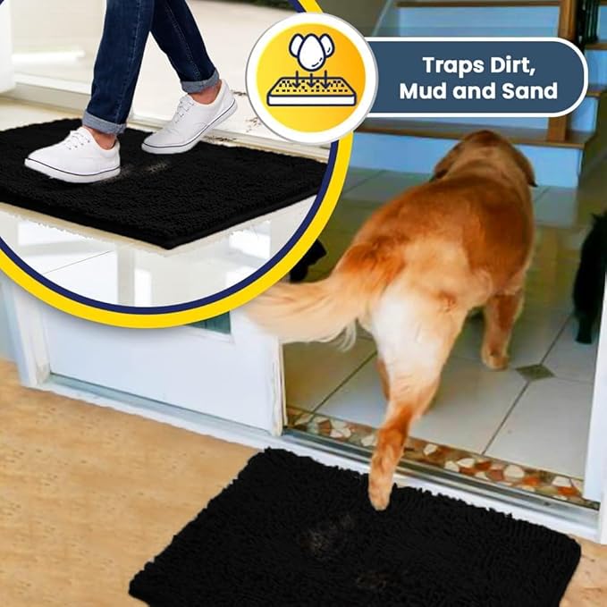 Muddy Mat® | Super Absorbent Door Mat Indoor, Microfiber Quick Dry Chenille Entryway Rug, Non-Slip Front Door Mat, Indoor Mats for Entryway, Machine Washable Pet Rug, Black 36"x120"