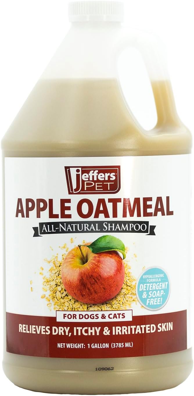 Jeffers Pet Apple Oatmeal Shampoo for Dogs & Cats, 128 oz - Gentle Coconut Based Formula w/Colloidal Oat Protein, Soap Free, Deodorizing Apple Scent, Sensitive Skin, Puppies Kittens Grooming Care