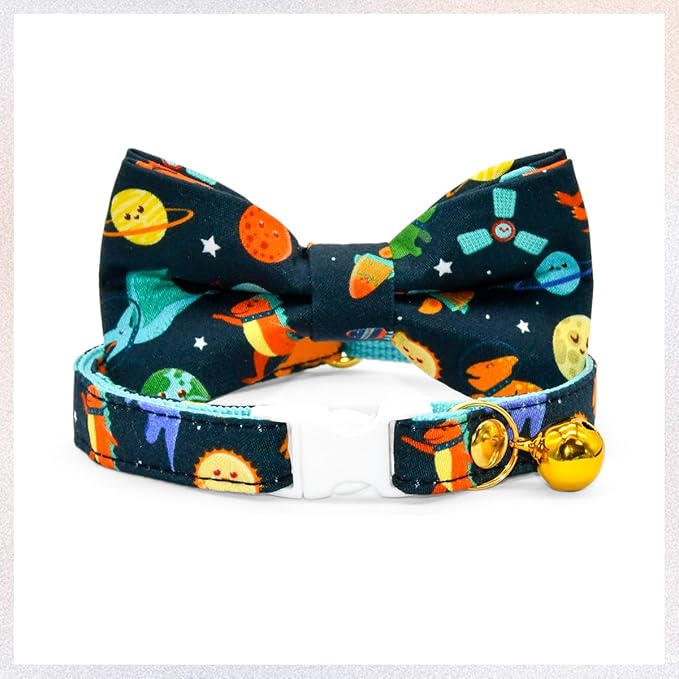 Space Dinosaur Cat Collar Bow Tie with Bell, Breakaway Safety Collar, Wedding/Birthday Cat Accessories