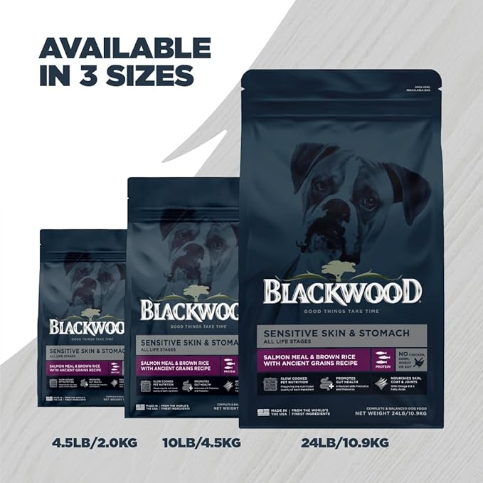 Blackwood Sensitive Skin & Stomach Dry Dog Food, Salmon Meal & Brown Rice with Ancient Grains, 24 Pound Bag with Prebiotics & Probiotics to Promote Gut Health