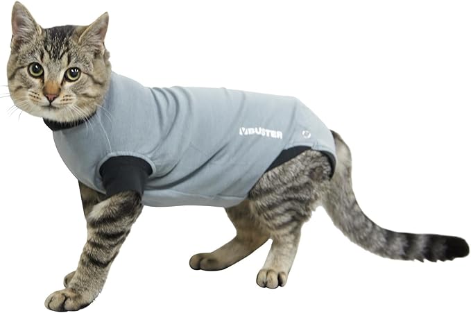 Kruuse Buster EasyGo Recovery Suit for Cats – Black/Grey (Small, 13.5") – Soft, Breathable Post-Surgery Bodysuit for Wound Care, Hot Spots & Incontinence – Comfortable Protection for Cats