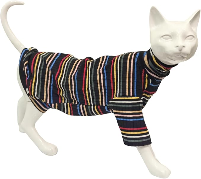 Turtle Neck Vintage Stripes Sphynx Hairless Cat Cotton T-Shirts Pet Clothes Vest Kitten Shirts Sleeveless, Cats & Small Dogs Apparel (Dark Rainbow, L (7-8.8 lbs))