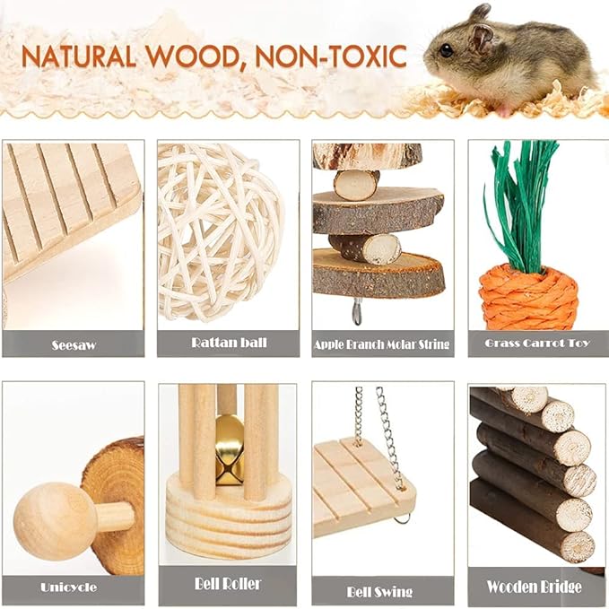 Hamster Chew Toys Set Small Animal Molar Toys Teeth Care Wooden Accessories for Guinea Pigs,Chinchillas,Gerbils,Mice,Rats,Mouse Rodents Toy Swing Seesaw Bridge (Wood)