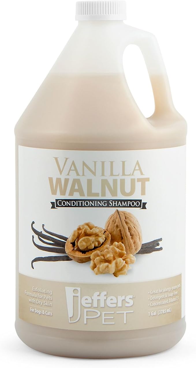 Jeffers Pet Vanilla Walnut Conditioning Dog & Cat Shampoo, 128 oz - Exfoliating Grooming Wash, Coconut Based Soap Free Formula, Walnut Oil & Vanilla Extract, Vitamins A D E, Concentrated Coat Care