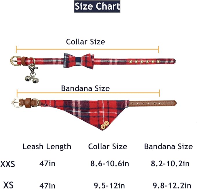 3PCS Bow Tie Dog Collar and Leash Set Plaid/Camo/Dots/Flower Dog Bandanas with Bell 3 Size Adjustable for Small Dogs Puppies and Cats (XS, Red Plaid 3)