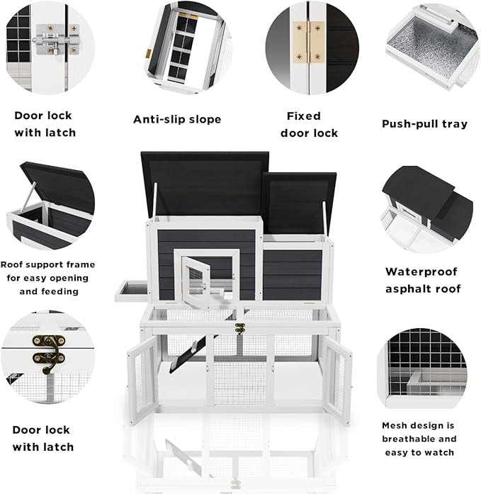 Outdoor Rabbit Hutch for 2-4 Chickens Wooden with Waterproof Asphalt Roof, Ramp, Openable Top Pull-Out Tray Suitable for Suitable for Indoor and Outdoor Use. (White Black)