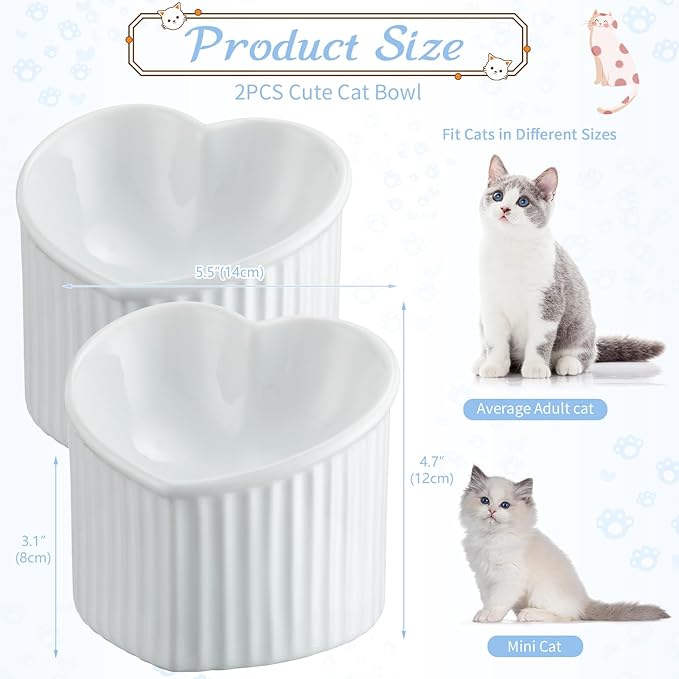 Mumufy 2 Pcs Ceramic Elevated Cat Bowls Tilted Elevated Raised Pet Bowls Anti Vomit Cat Dish for Indoor Stress Free Water Dish Feeder for Puppies, Heart Shaped(Pearly White)