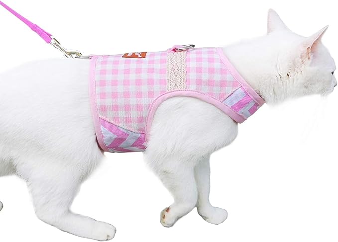 Cat Harness and Leash for Walking Escape Proof, Adjustable Cat Vest Harness, Padded Stylish Cat Walking Jackets, Pink Plaid, X-Small