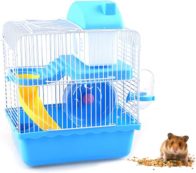 Naroote Hamster Cage, 2 Tiers Large Hamster Cages - Ideal Habitat for Smaller Animals Gerbils, Spacious, Portable, High Chassis Design Hamster Mice Travel Cage for Exploration and Play (Blue)