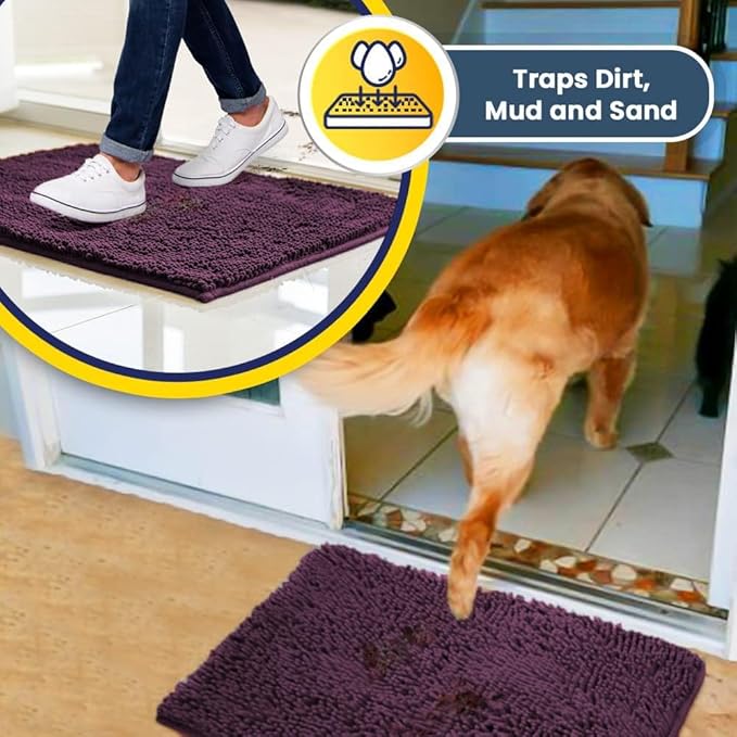 Muddy Mat® | Super Absorbent Door Mat Indoor, Microfiber Quick Dry Chenille Entryway Rug, Non-Slip Front Door Mat, Indoor Mats for Entryway, Machine Washable Pet Rug, Dark Purple 36" x 120"