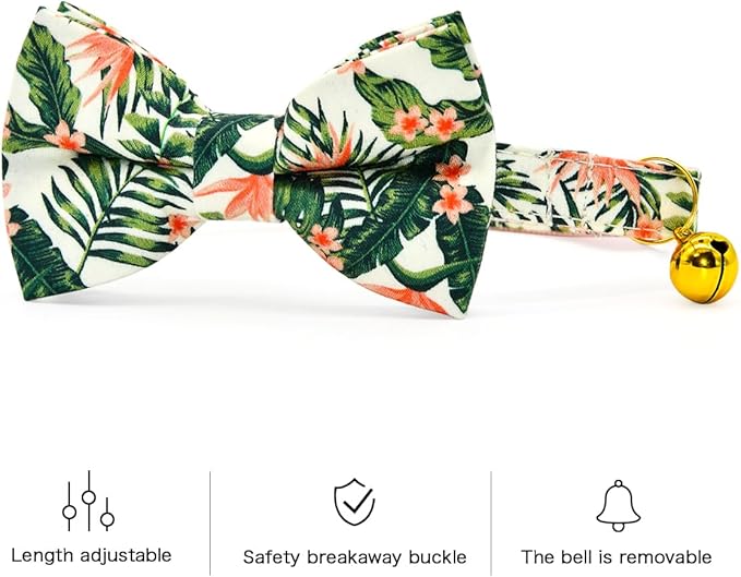 Bow Tie Cat Collar Set, Wedding/Birthday Gift for Cat, Summer Strelizia Flower Floral, Cat Accessories