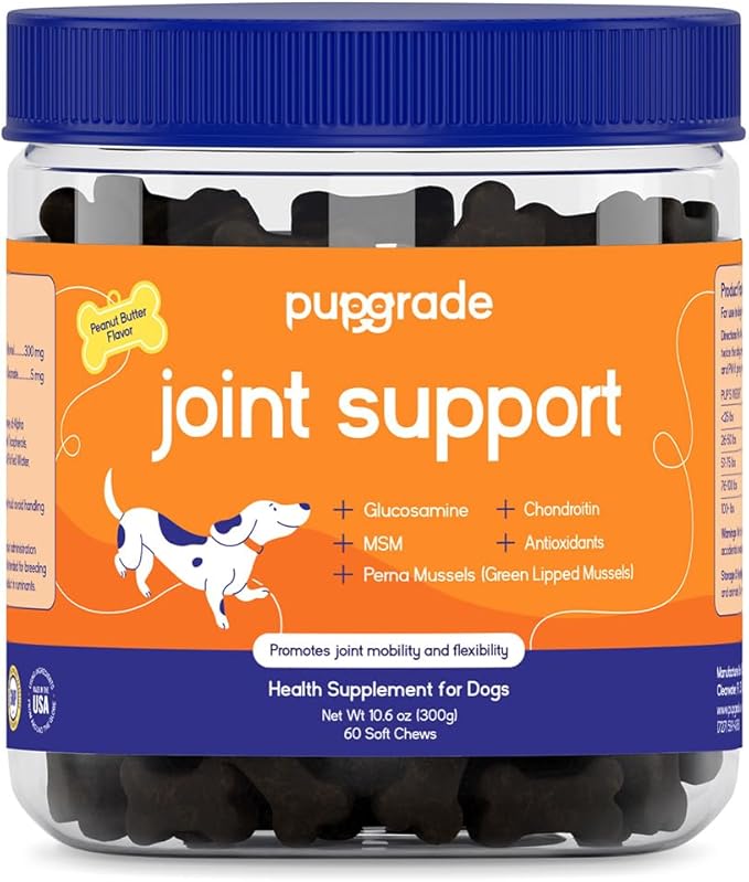 PupGrade Joint Support Supplement for Dogs - Glucosamine + Chondroitin with MSM and Perna - Supports Normal Hip & Joint Health for Occasional Discomfort, Peanut Butter Flavor - 60 Soft Chews
