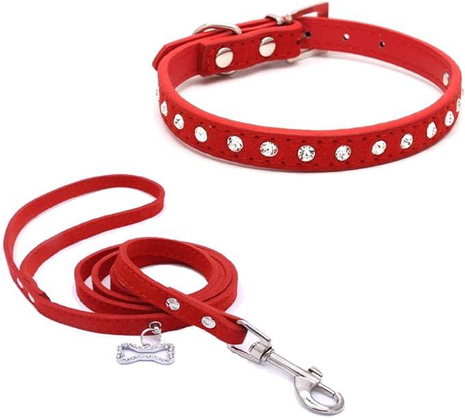 Dogs Kingdom 10 "-16.5" Total Length Suede Skin Jeweled Rhinestones Pet Dog Collar Leash Set Sparkly Crystal Diamonds Studded Leather Puppy Dog Cat Collar Leash Set Red S