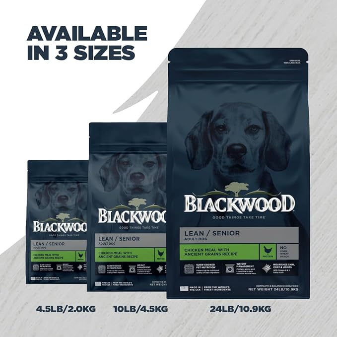 Blackwood Lean/Senior Dry Dog Food, Chicken Meal with Ancient Grains, 4.5 Pound Bag for Weight Management and Muscle Mass Maintenance