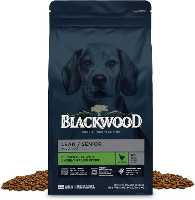 Blackwood Lean/Senior Dry Dog Food, Chicken Meal with Ancient Grains, 24 Pound Bag for Weight Management and Muscle Mass Maintenance
