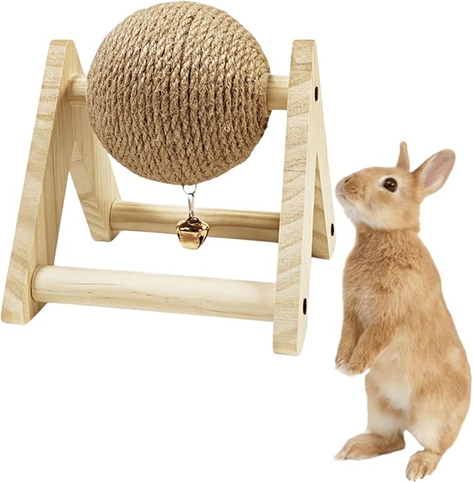 Rabbit Scratch Toy Wooden Natural Sisal Rope Rabbit Scratching Toy Ball Bunny Scratcher with Ball and Bell for Rabbits Bunnies Ferrets Kittens Small Animals (S)
