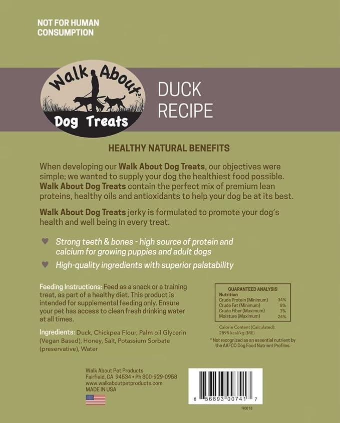 Walk About Pet, WA10049, Dog Jerky Treats, Grain-Free, Gluten-Free, Single Source Protein, Duck Recipe, Resealable Pouch, 5.5 Ounces