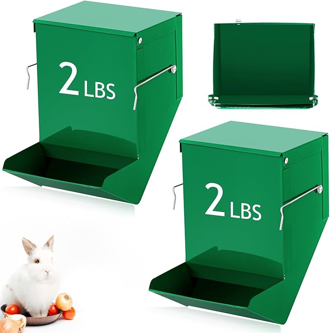 Maxcheck 2 Pcs Rabbit Feeder for Cages Small Animal Food Pellet Dispenser with Lid Metal Chicken Grit Oyster Shell Squirrel Feeders Outside(4.7 Inches,Solid Bottom,Green)