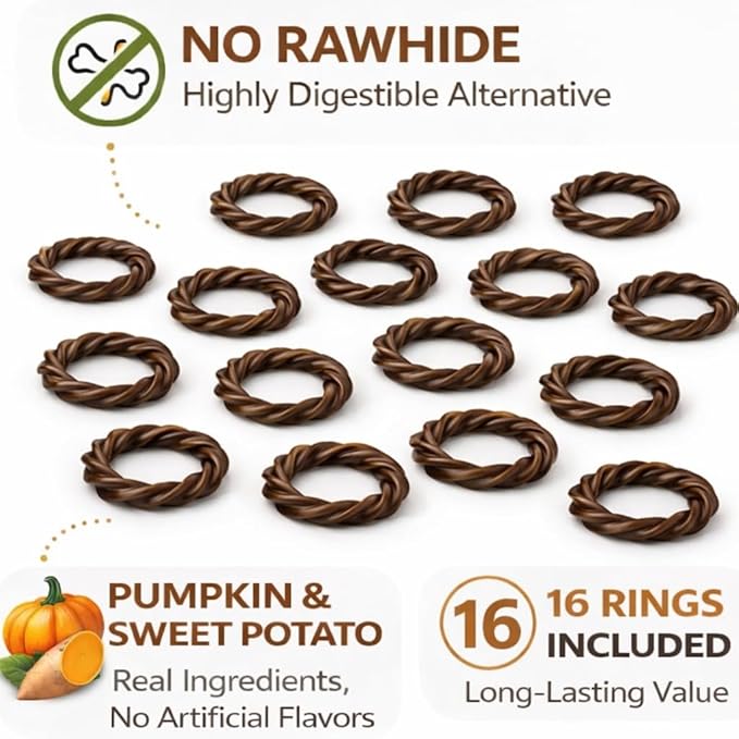 No Rawhide Puppy Teething Rings – Pumpkin & Sweet Potato (16 Rings) Grain Free Rawhide Alternative Teething Treats for Puppies