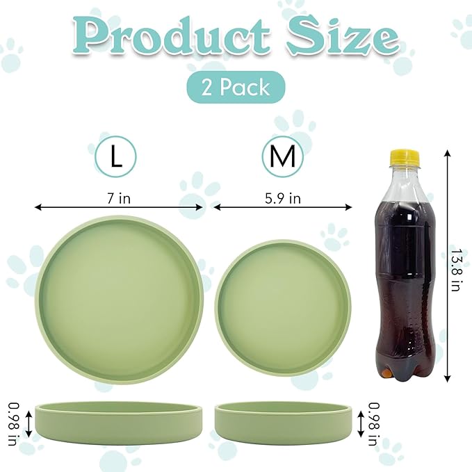 Silicone Dog Bowl Shallow Cat Food Bowls 7in Flat Puppy Plates Cute Whisker Fatigue Pet Feeding Dishes Set of 2 for Dry and Wet Food Indoor (Round Bean Green)