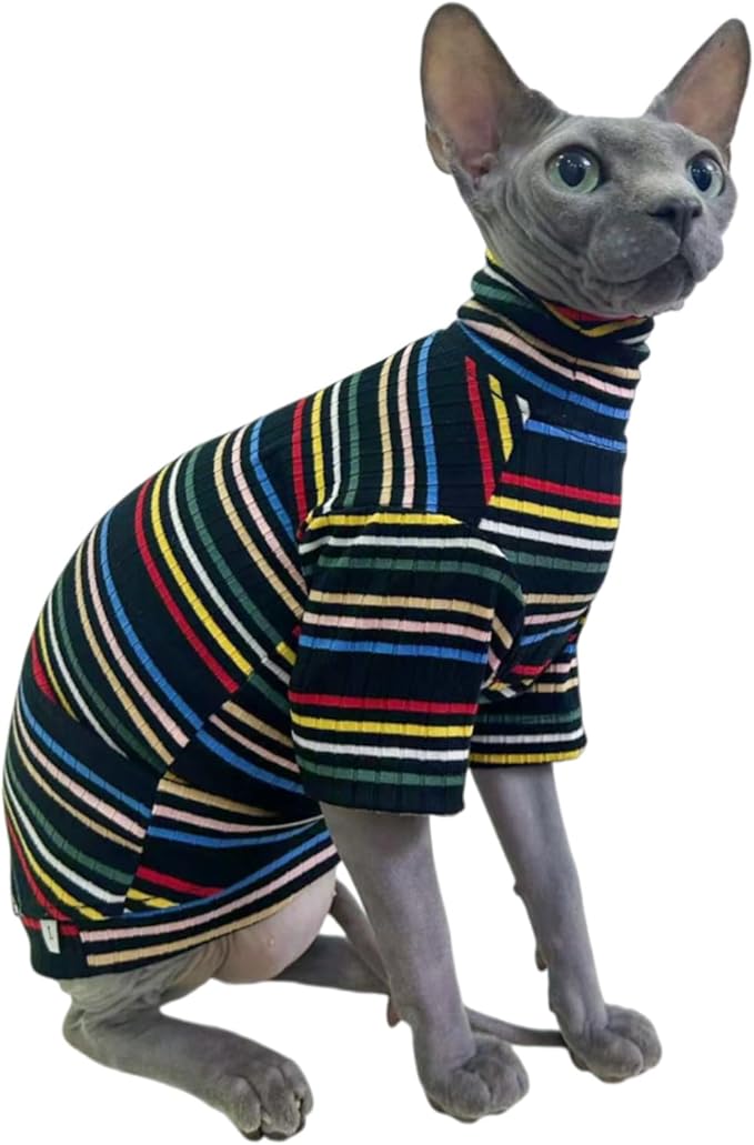 Turtle Neck Vintage Stripes Sphynx Hairless Cat Cotton T-Shirts Pet Clothes Vest Kitten Shirts Sleeveless, Cats & Small Dogs Apparel (Dark Rainbow, XL (9-12.5 lbs))