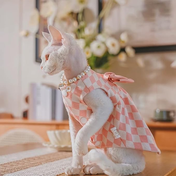 Sphynx Cat Pink Sleeveless Bow Dress with Pearl Necklace Set, Cute & Stylish Pet Apparel for Daily Wear, Cute Dress for Cats and Puppy (Small (2.5-3.5 lbs))